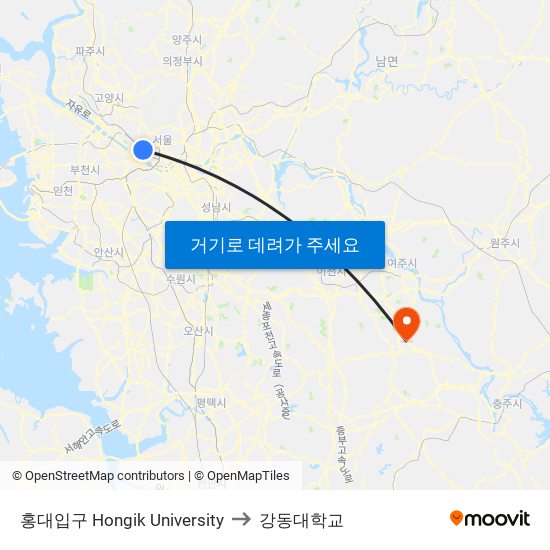 홍대입구 Hongik University to 강동대학교 map