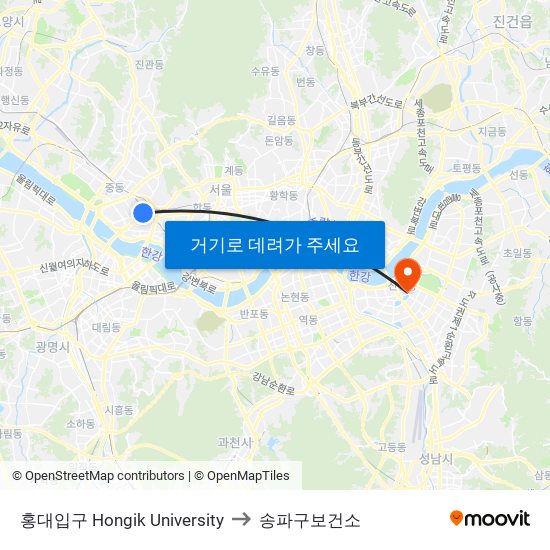 홍대입구 Hongik University to 송파구보건소 map