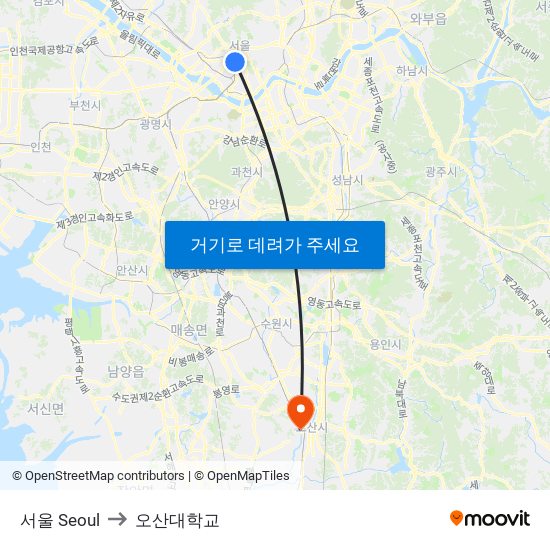 서울 Seoul to 오산대학교 map