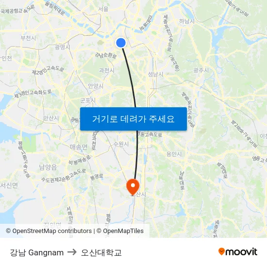 강남 Gangnam to 오산대학교 map
