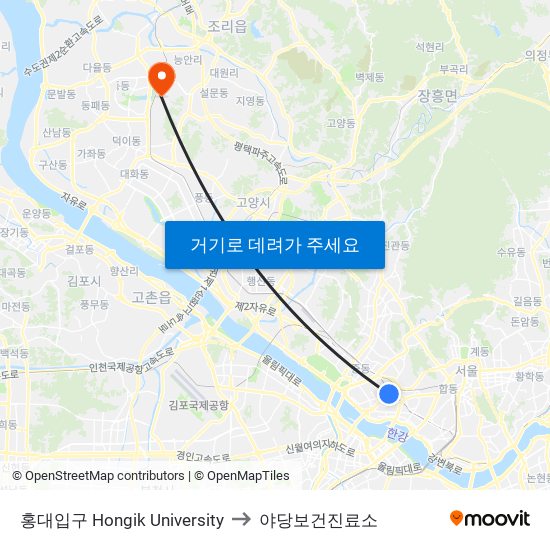 홍대입구 Hongik University to 야당보건진료소 map