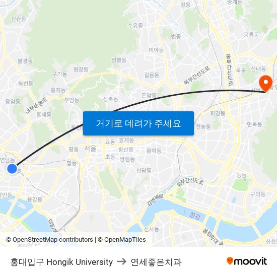 홍대입구 Hongik University to 연세좋은치과 map