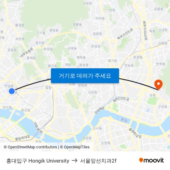 홍대입구 Hongik University to 서울앞선치과2f map