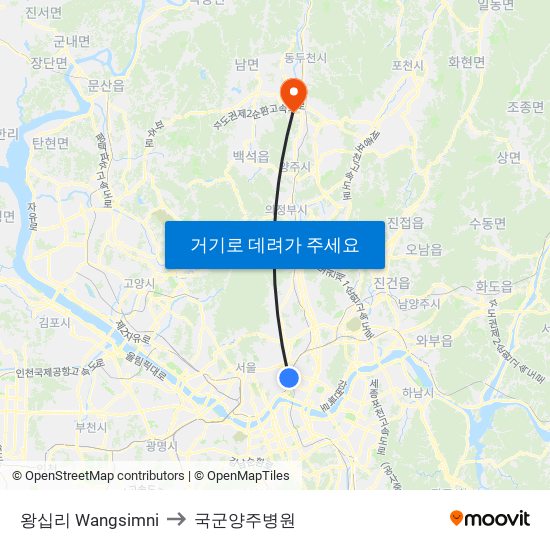 왕십리 Wangsimni to 국군양주병원 map