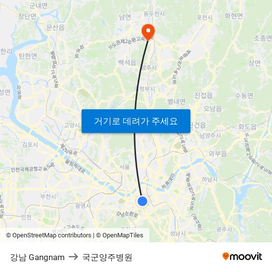 강남 Gangnam to 국군양주병원 map