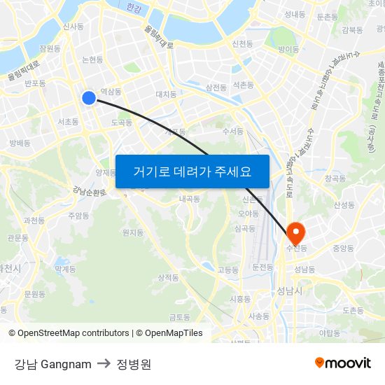 강남 Gangnam to 정병원 map
