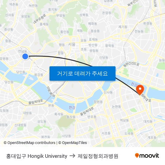 홍대입구 Hongik University to 제일정형외과병원 map