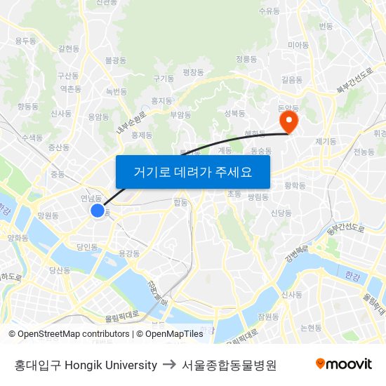 홍대입구 Hongik University to 서울종합동물병원 map