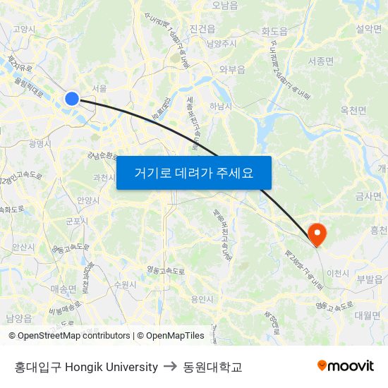 홍대입구 Hongik University to 동원대학교 map