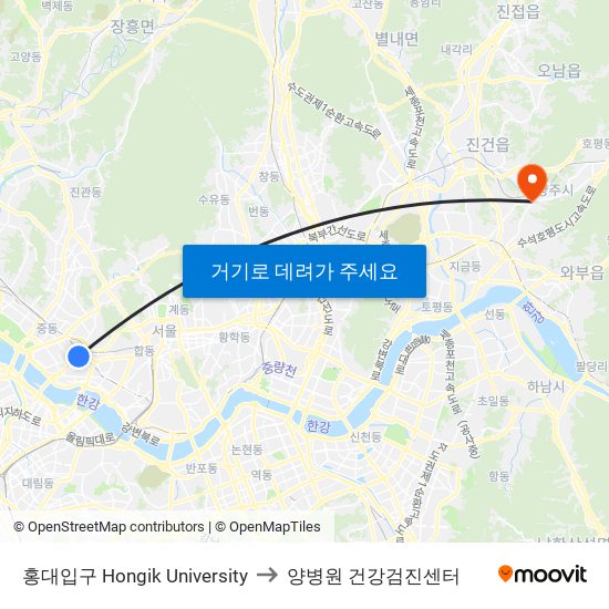 홍대입구 Hongik University to 양병원 건강검진센터 map