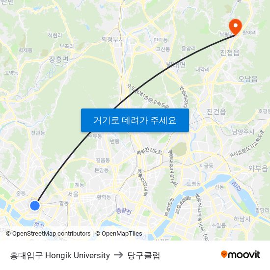 홍대입구 Hongik University to 당구클럽 map