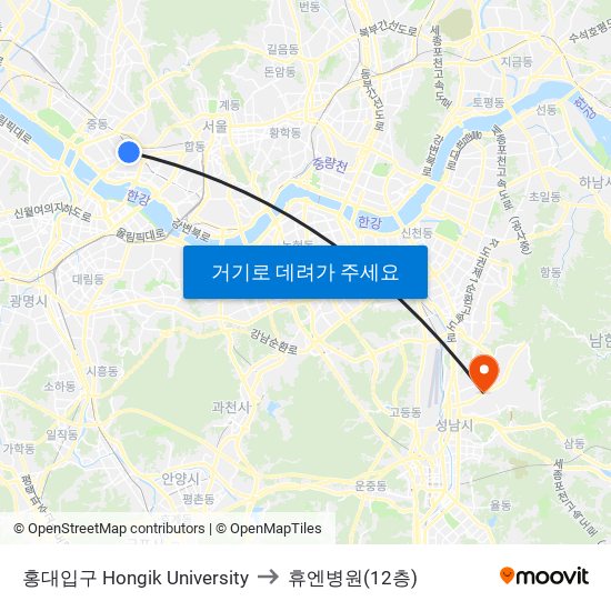 홍대입구 Hongik University to 휴엔병원(12층) map