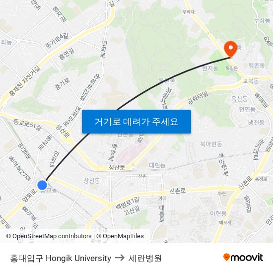 홍대입구 Hongik University to 세란병원 map