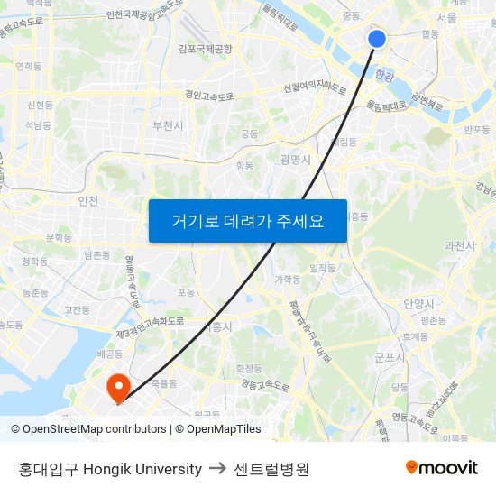 홍대입구 Hongik University to 센트럴병원 map