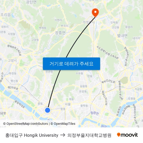 홍대입구 Hongik University to 의정부을지대학교병원 map