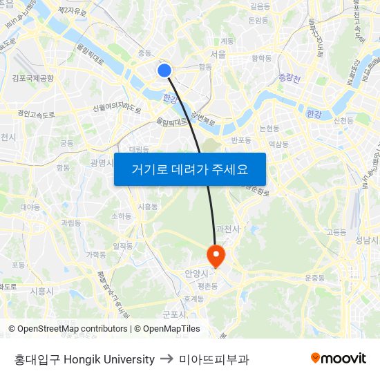 홍대입구 Hongik University to 미아뜨피부과 map