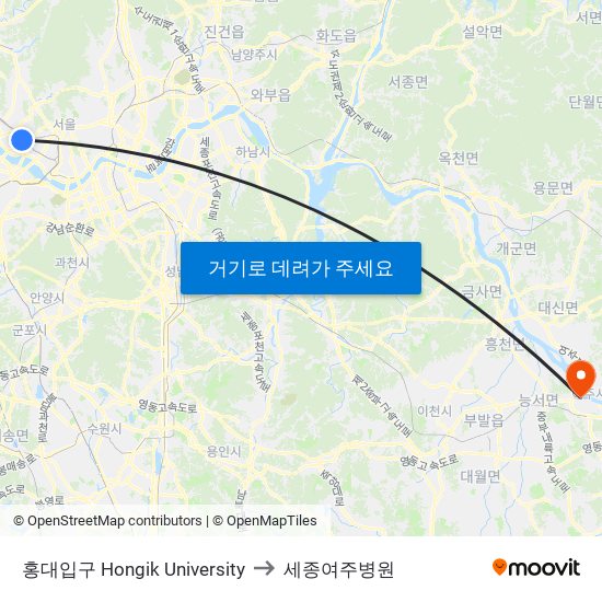 홍대입구 Hongik University to 세종여주병원 map