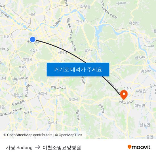 사당 Sadang to 이천소망요양병원 map