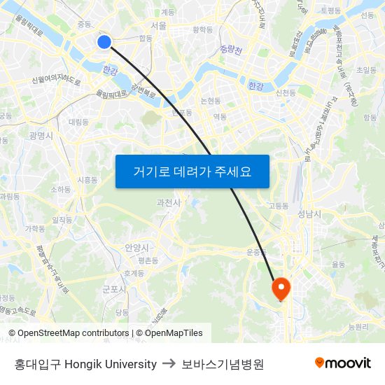 홍대입구 Hongik University to 보바스기념병원 map