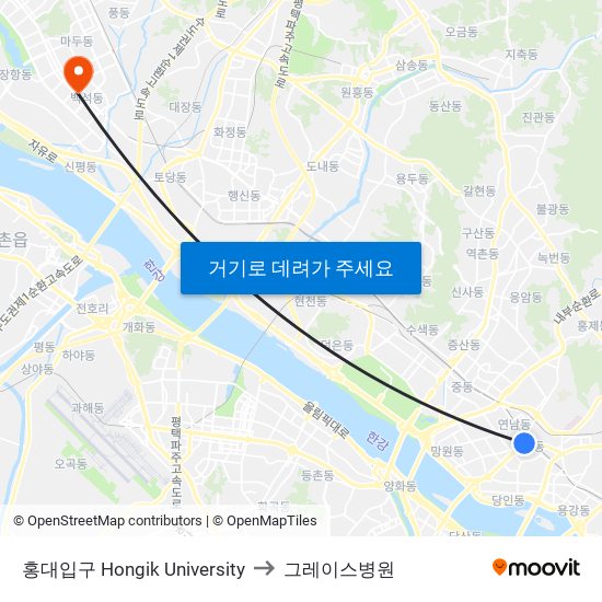 홍대입구 Hongik University to 그레이스병원 map