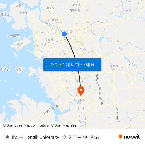 홍대입구 Hongik University to 한국복지대학교 map