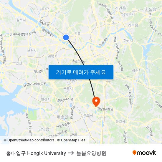 홍대입구 Hongik University to 늘봄요양병원 map