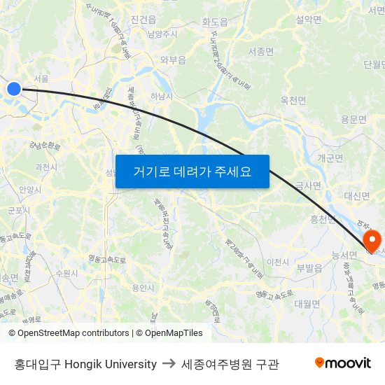 홍대입구 Hongik University to 세종여주병원 구관 map