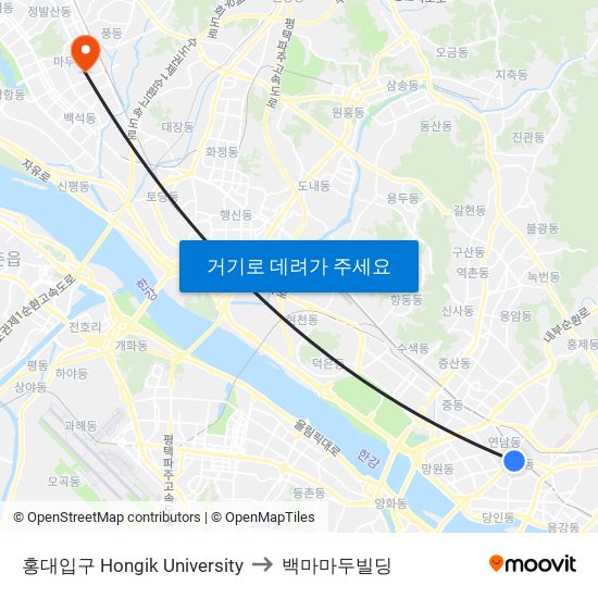 홍대입구 Hongik University to 백마마두빌딩 map
