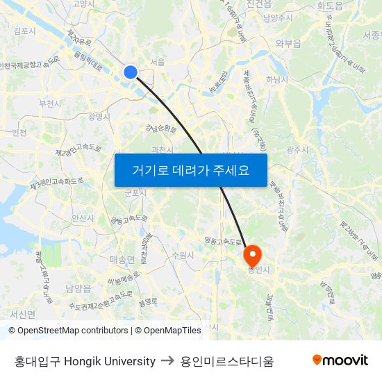 홍대입구 Hongik University to 용인미르스타디움 map