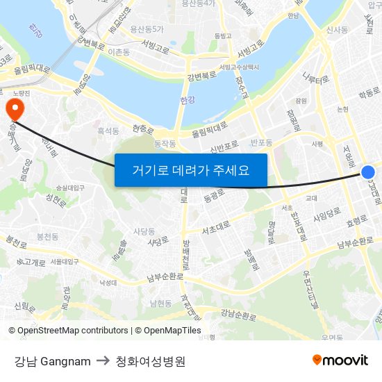 강남 Gangnam to 청화여성병원 map