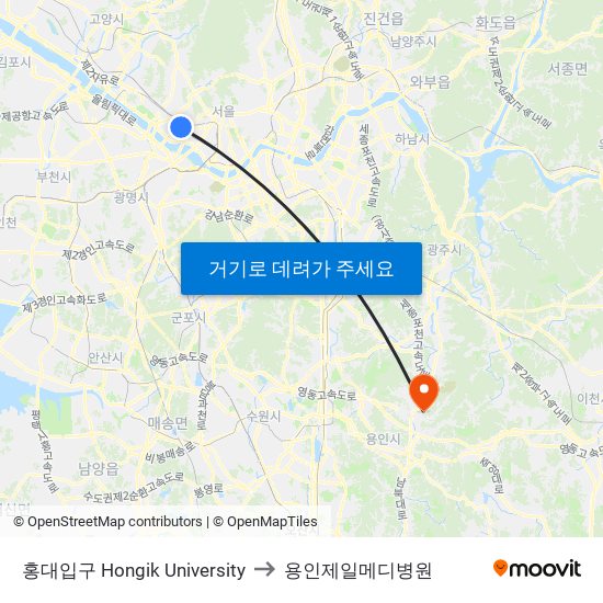 홍대입구 Hongik University to 용인제일메디병원 map