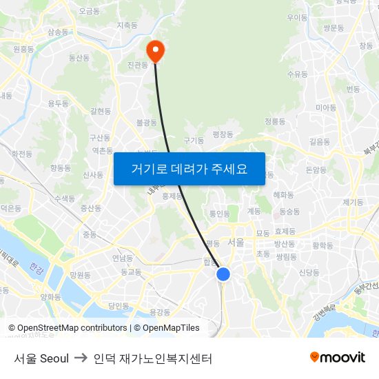 서울 Seoul to 인덕 재가노인복지센터 map