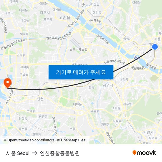 서울 Seoul to 인천종합동물병원 map