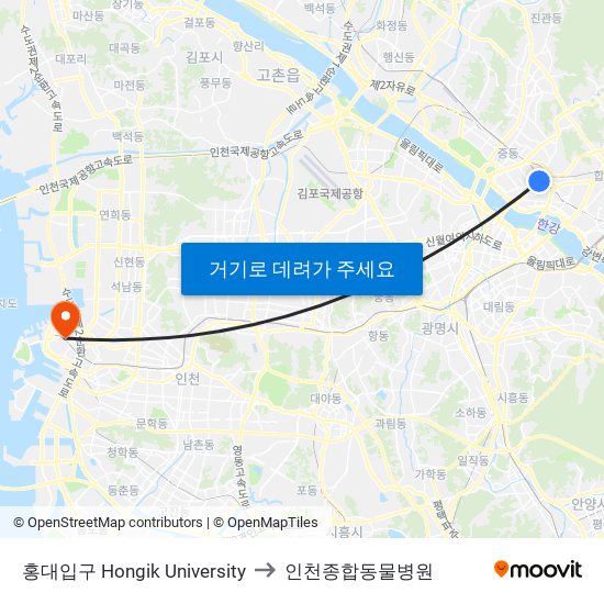 홍대입구 Hongik University to 인천종합동물병원 map