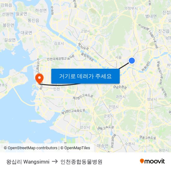 왕십리 Wangsimni to 인천종합동물병원 map