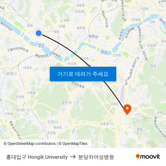 홍대입구 Hongik University to 분당차여성병원 map