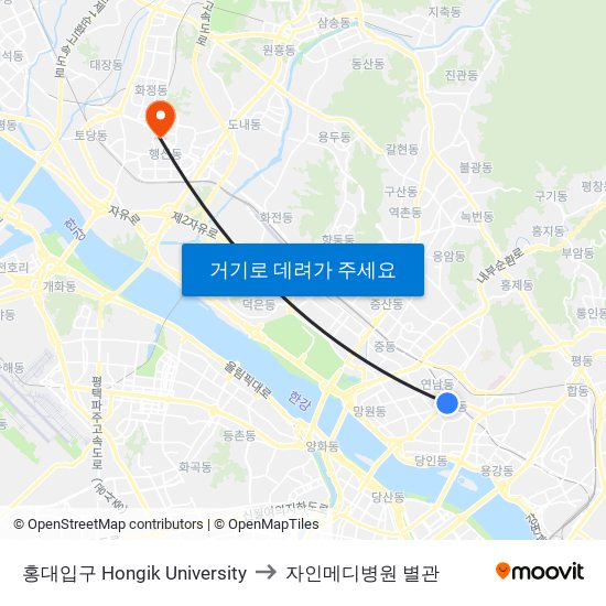 홍대입구 Hongik University to 자인메디병원 별관 map