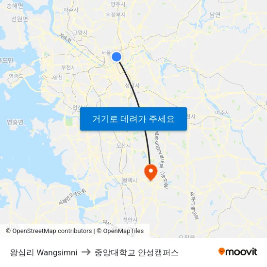 왕십리 Wangsimni to 중앙대학교 안성캠퍼스 map