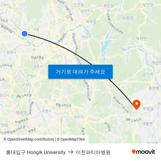 홍대입구 Hongik University to 이천파티마병원 map