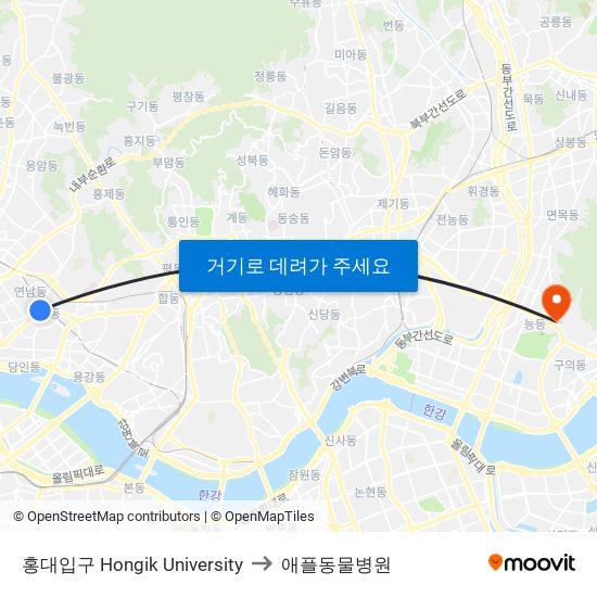 홍대입구 Hongik University to 애플동물병원 map