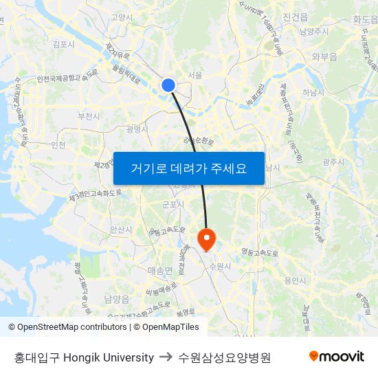 홍대입구 Hongik University to 수원삼성요양병원 map