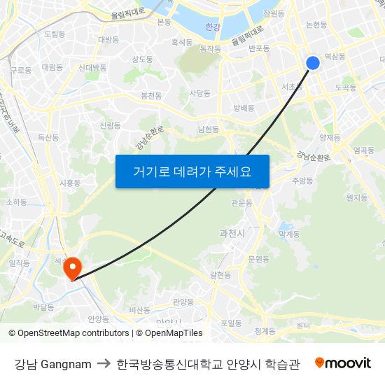 강남 Gangnam to 한국방송통신대학교 안양시 학습관 map