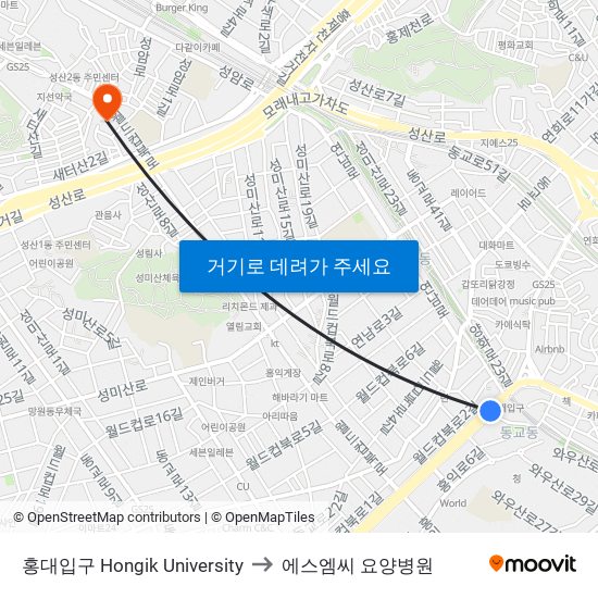 홍대입구 Hongik University to 에스엠씨 요양병원 map