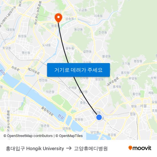 홍대입구 Hongik University to 고양휴메디병원 map