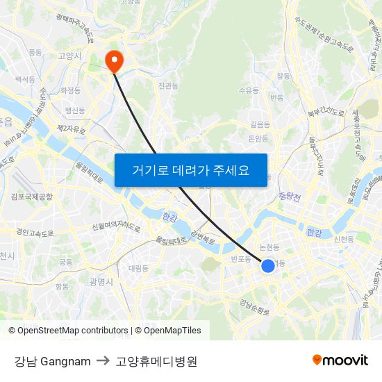 강남 Gangnam to 고양휴메디병원 map