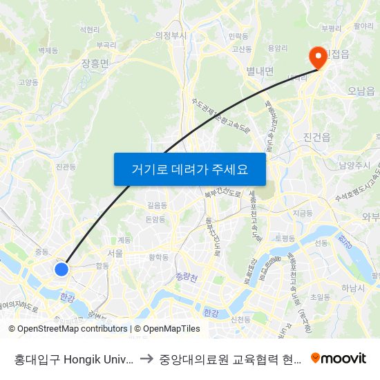 홍대입구 Hongik University to 중앙대의료원 교육협력 현대병원 map