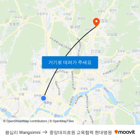 왕십리 Wangsimni to 중앙대의료원 교육협력 현대병원 map