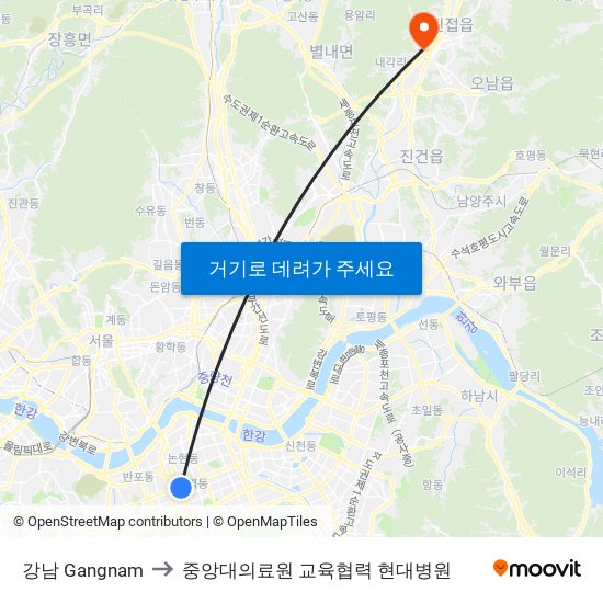 강남 Gangnam to 중앙대의료원 교육협력 현대병원 map