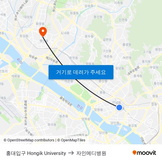 홍대입구 Hongik University to 자인메디병원 map