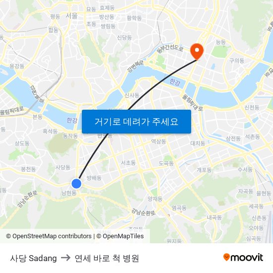 사당 Sadang to 연세 바로 척 병원 map